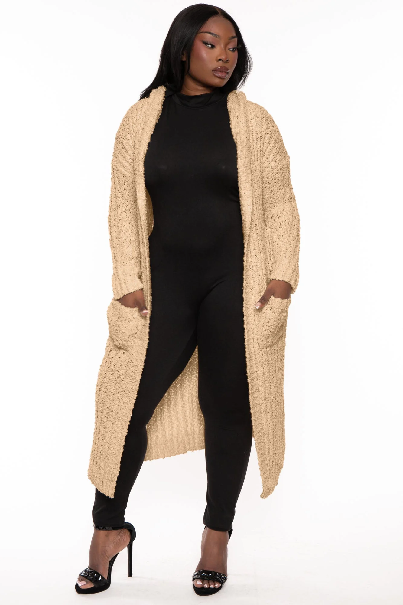 PLUS SIZE COZY HOODIE POPCORN DUSTER CARDIGAN -TAUPE