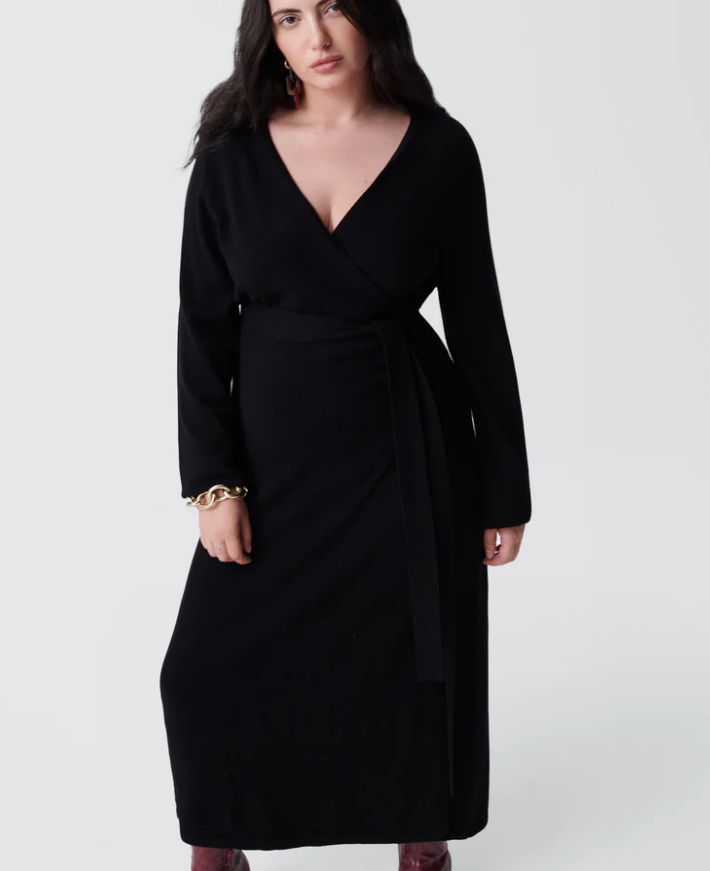 Astrid Wool-Cashmere Wrap Dress in Black