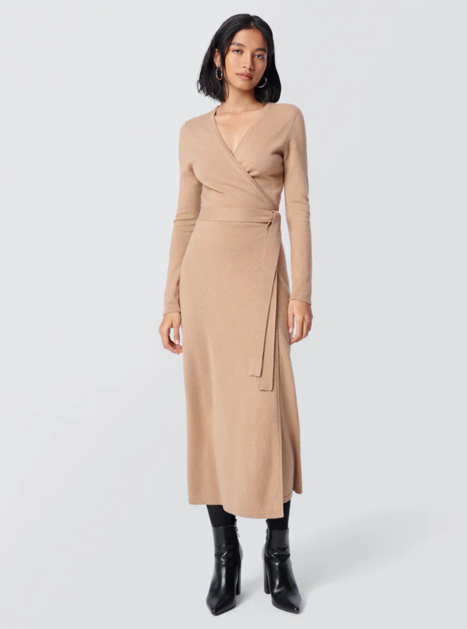 Astrid Wool-Cashmere Wrap Dress in Camel