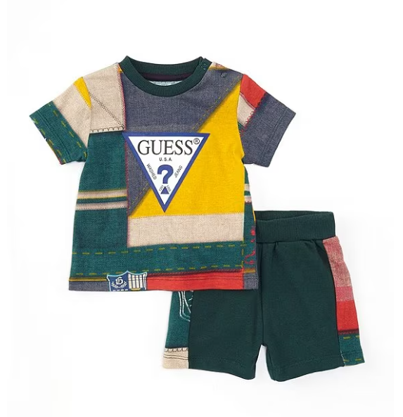 Guess Baby Boys 3-24 Months Short Sleeve Triangle Logo Mixed Media Printed T-Shirt & Racing Stripe Shorts Set