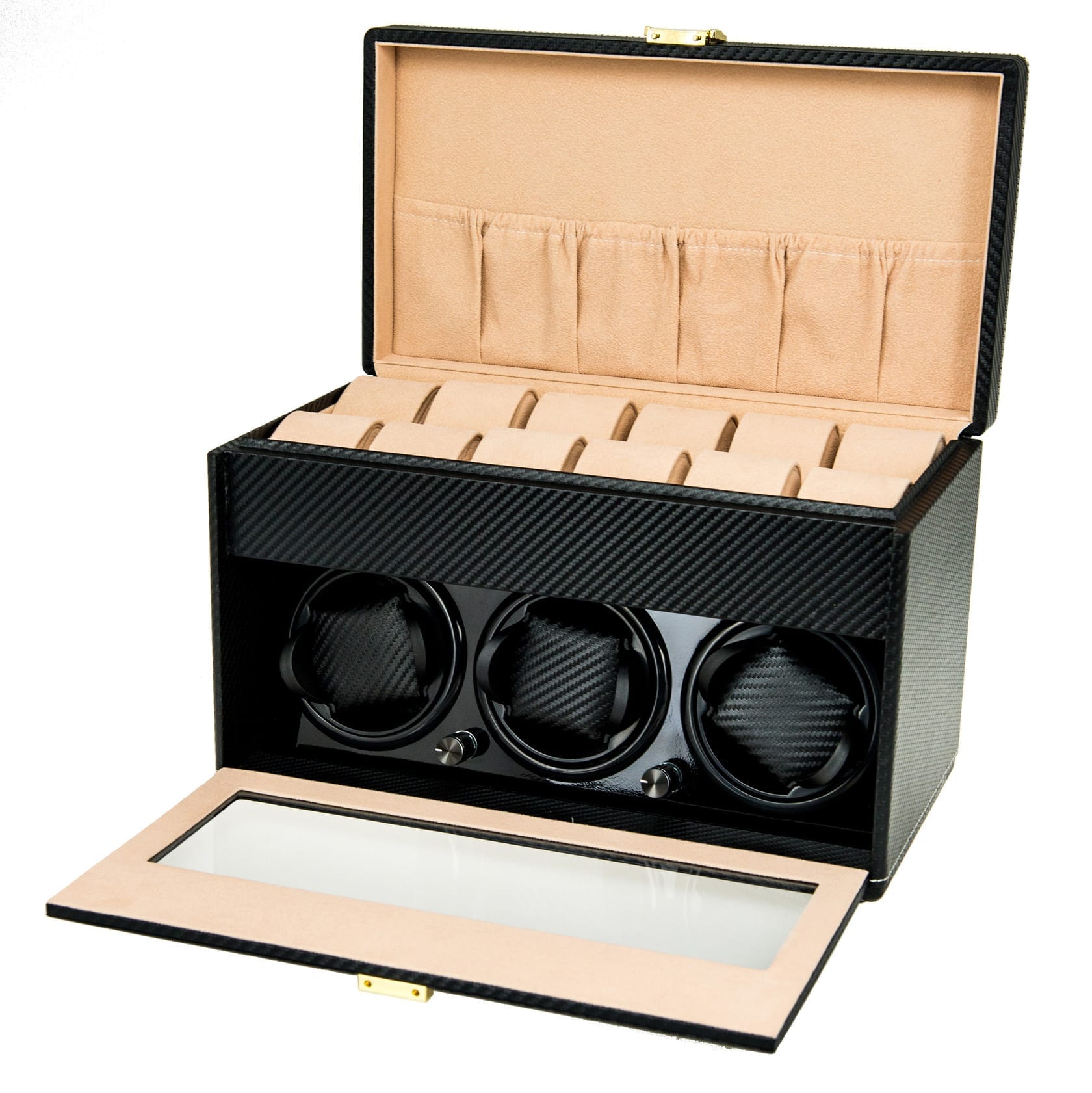 Luxury Automatic Watch Winder black Carbon fiber leather wooden display storage watch box