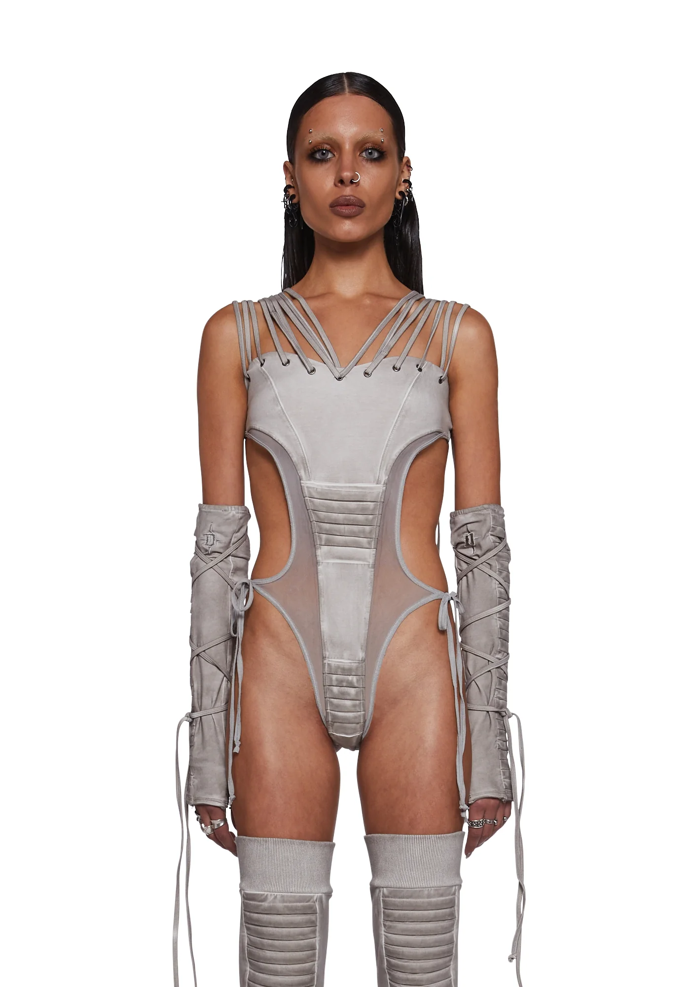 DARKER WAVS Frequency Strappy Mesh And Jersey Bodysuit - Sand