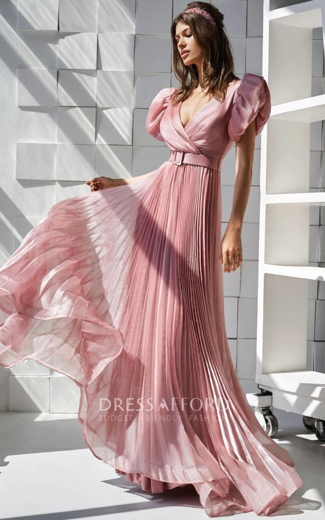 V-neck Short Puff-sleeve Sheath Dress with Belt and Pleated Skirt