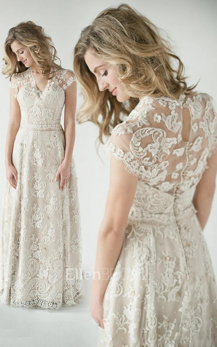 A-Line V-neck Short Sleeve Floor-length Lace/Tulle Wedding Dress with Keyhole and Lace