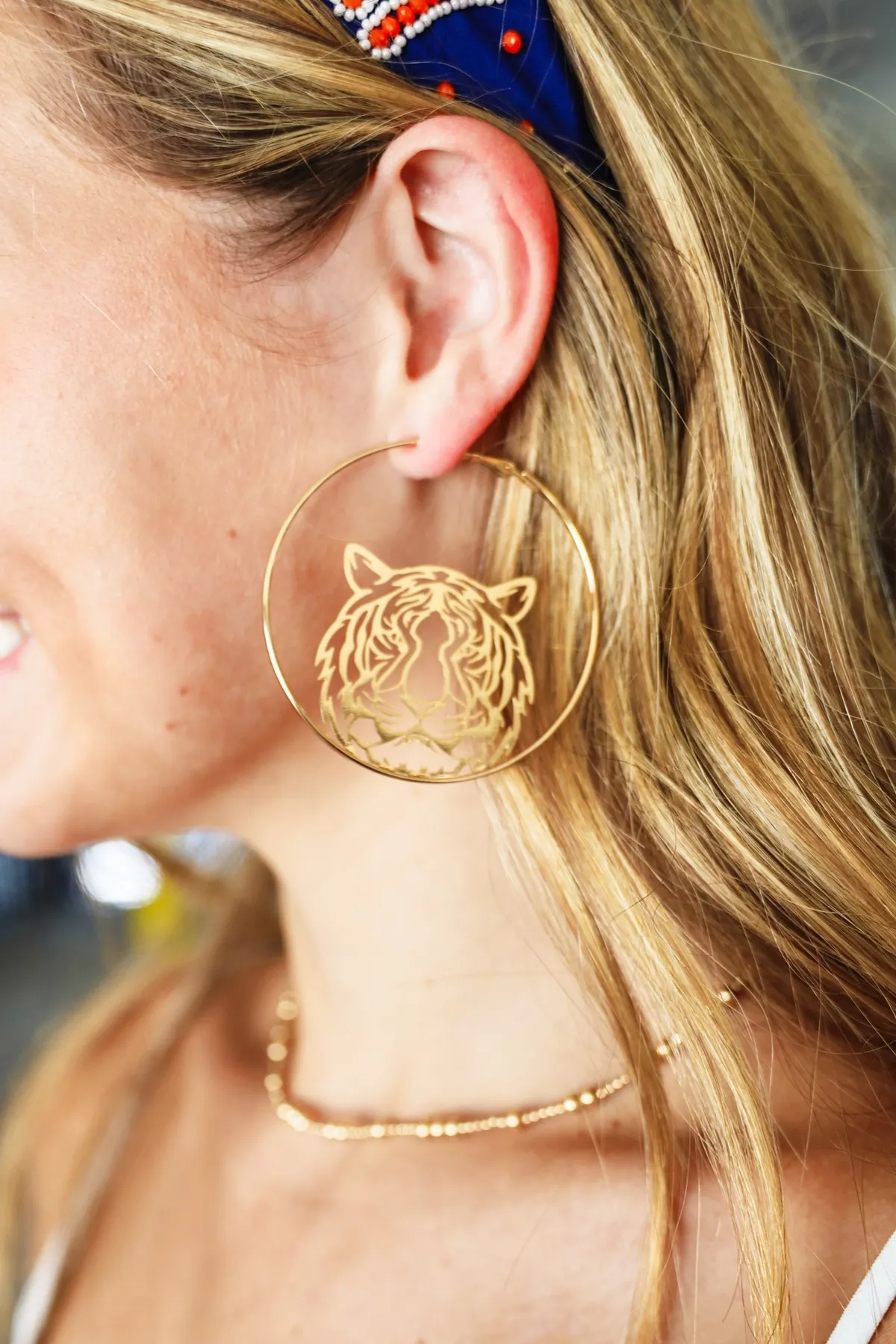 Gold Circle Tiger Head Earrings