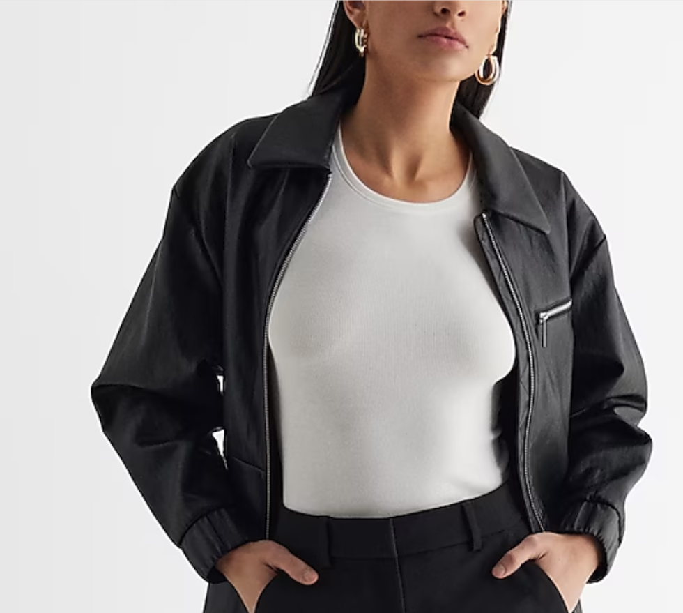 Faux Leather Cinched Oversized Bomber Jacket