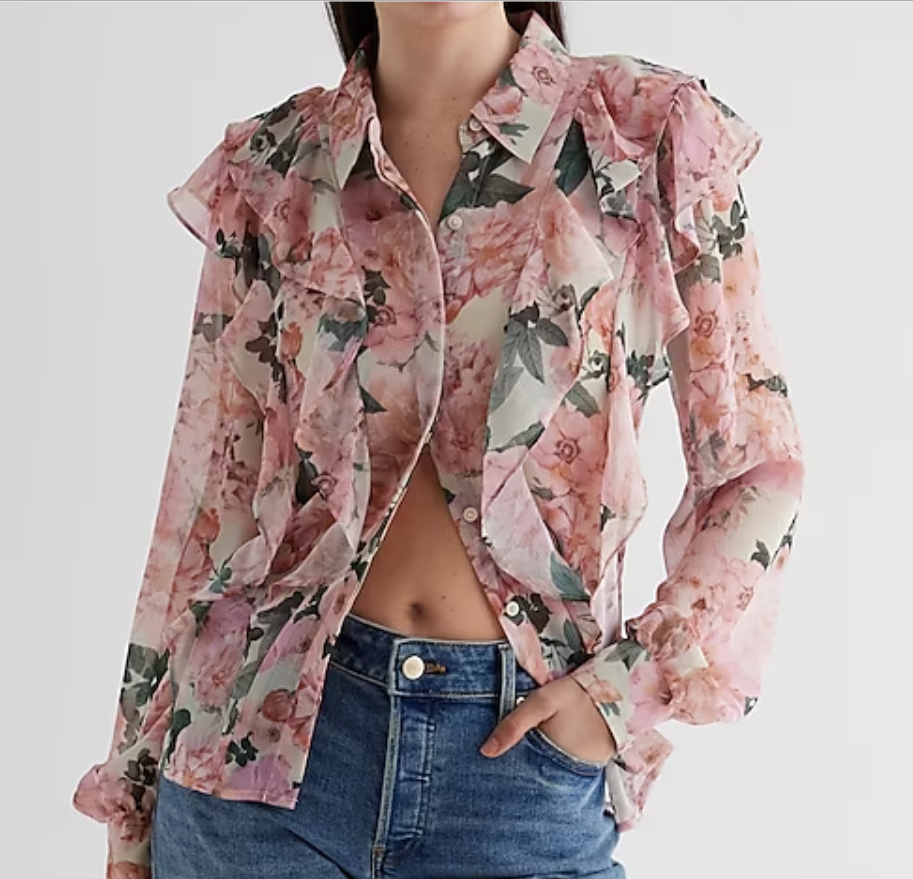Relaxed Floral Ruffle Front Portofino Shirt