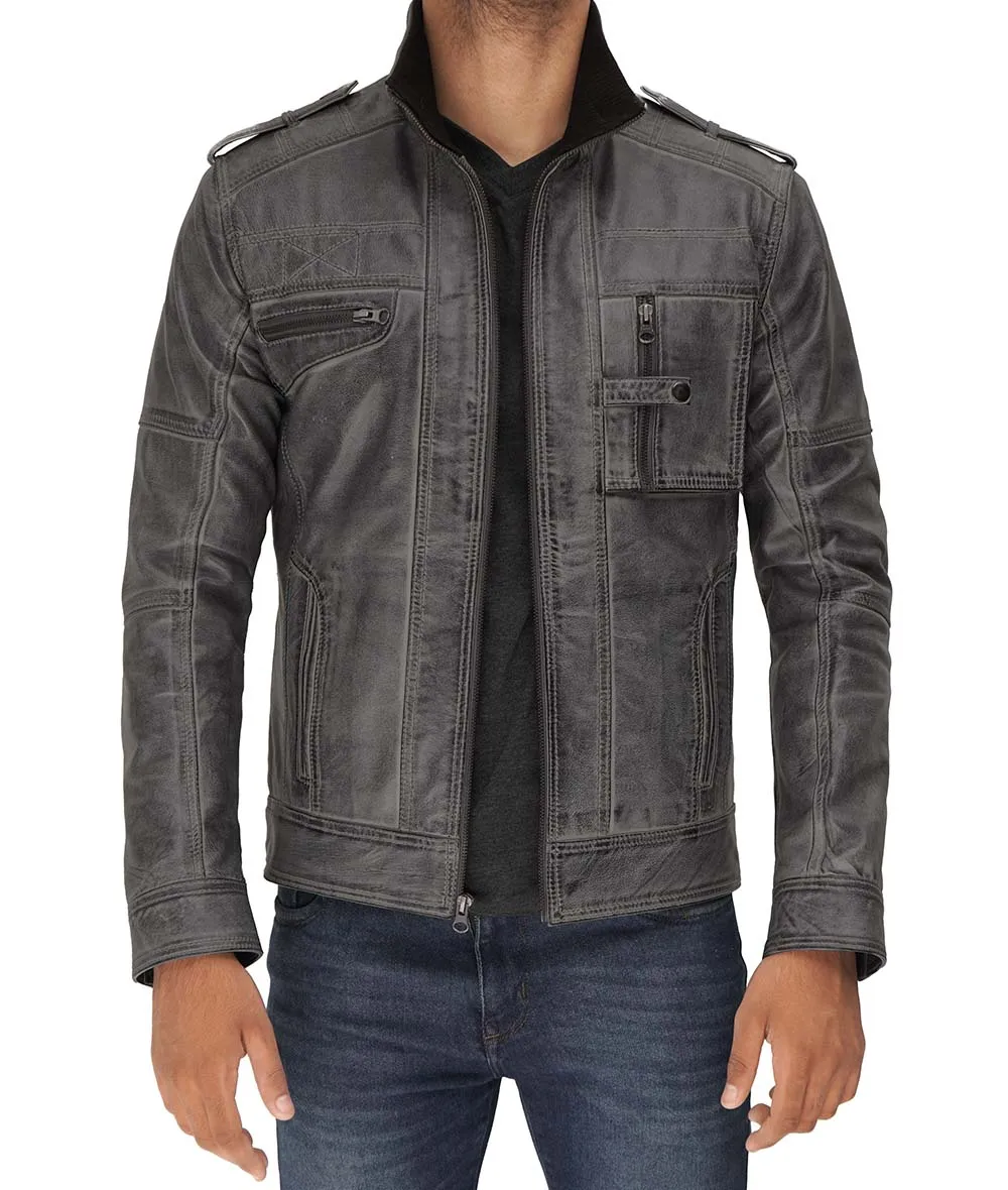 Tavares Men’s Distressed Gray Leather Jacket