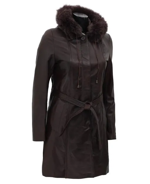 Women’s Dark Brown Leather Coat With Removable Fur Hood