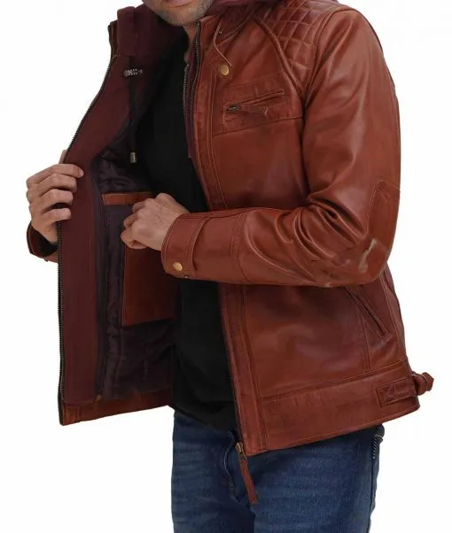 Men’s Quilted Brown Leather Jacket With Hood