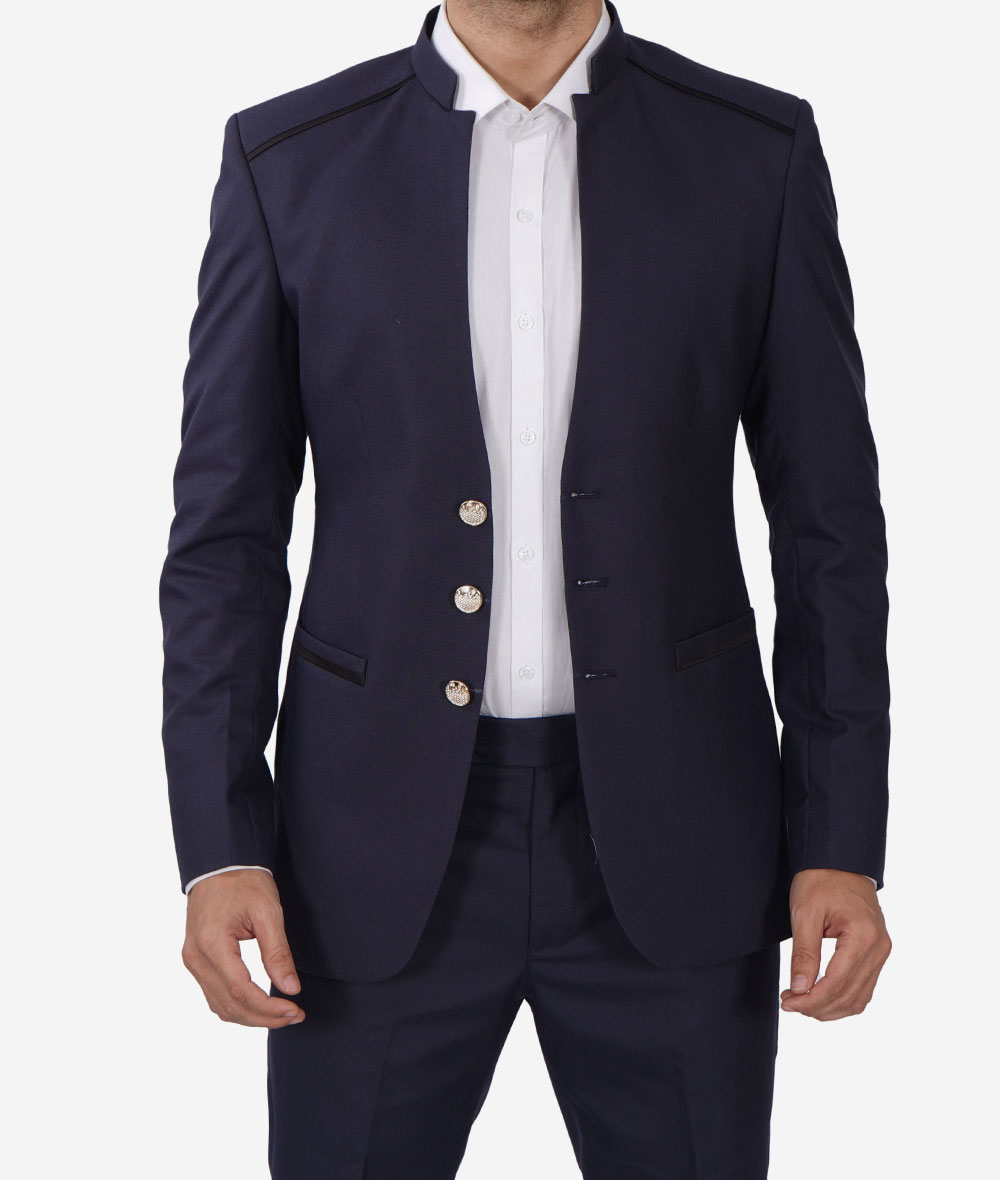 Krol Navy Blue Mandarin Collar Suit Men