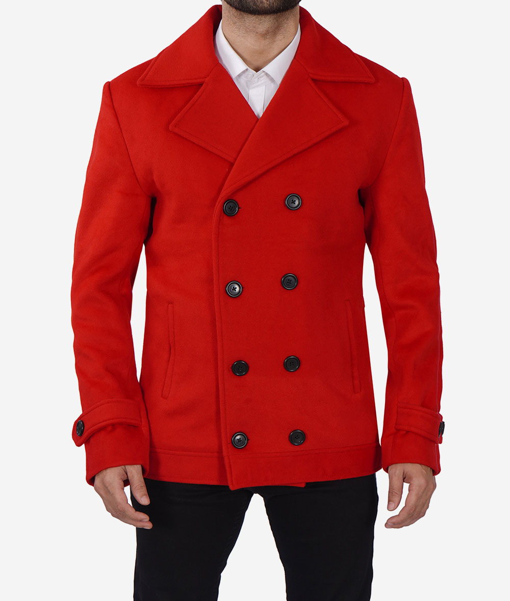 Double Breasted Wool Red Pea Coat Men