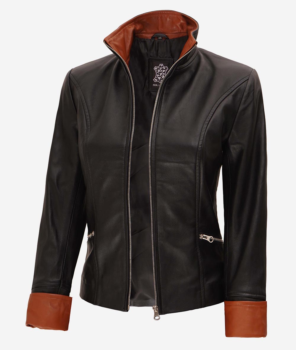 Womens Fitted Black Leather Jacket with Brown Detailing