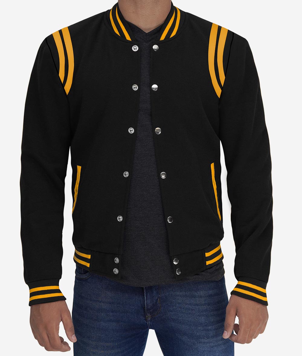 Mens Wool Black Letterman Jacket with Yellow Detailing