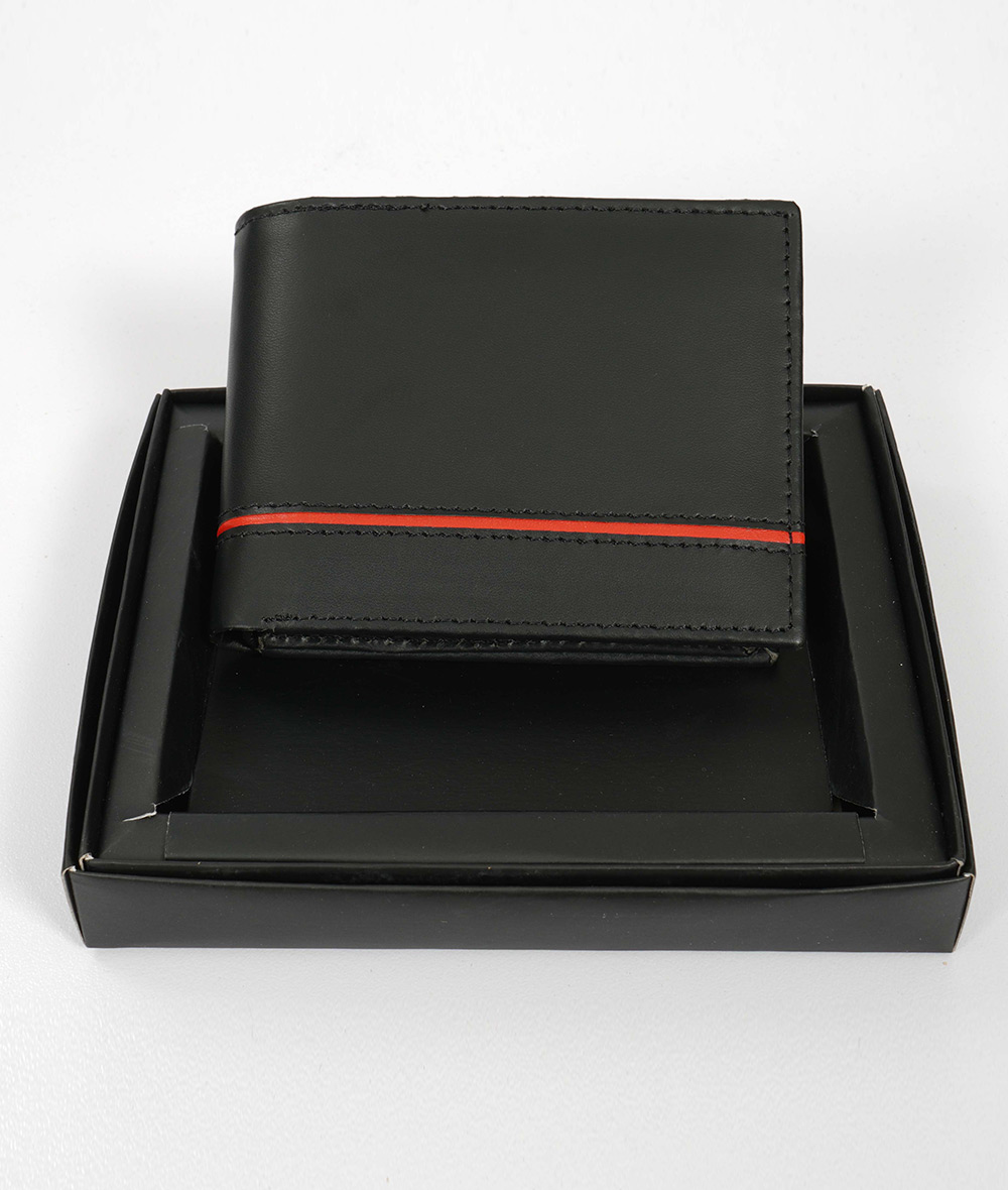 Mens Black Leather Bifold Wallet With Red Stripe