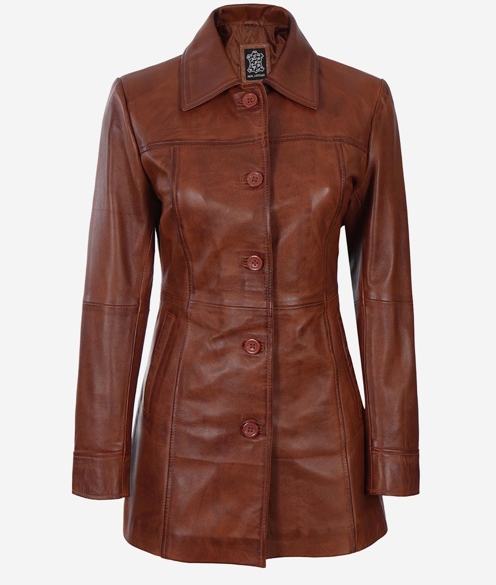 Womens Cognac 3/4 Length Leather Coat