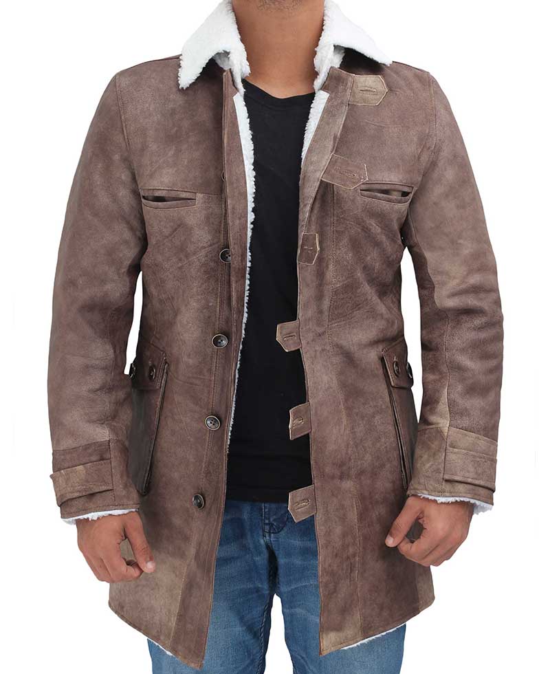 Hardy Mens 3 4 Length Distressed Shearling Brown Leather Coat