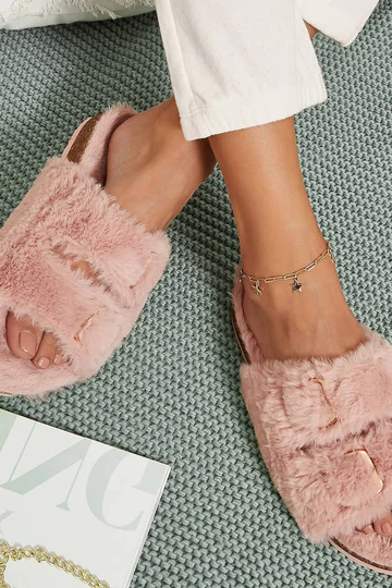 Pink Fluffy Double Buckle Flat Sandals