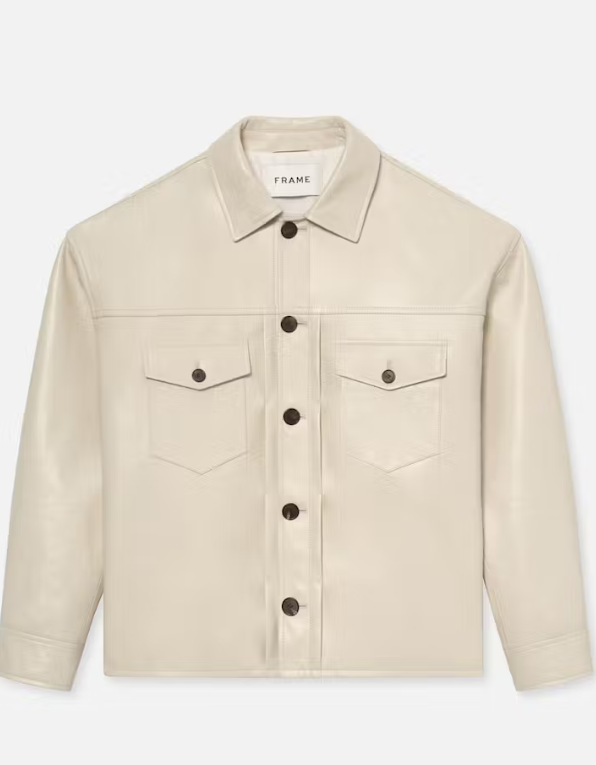 Leather Trucker Jacket in White Canvas
