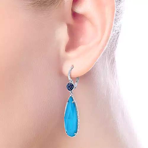 Sterling Silver Sapphire Earrings with Turquoise/Rock Crystal Teardrops