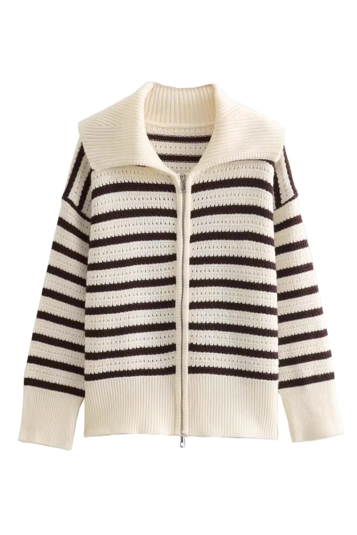 'Gemma' Stripe Collared Full-Zip Knitted Cardigan (2 Colors)