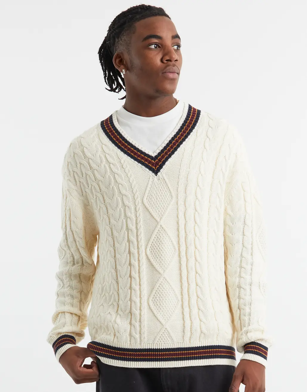 V-NECK STRIPE CABLE KNITTED JUMPER IN CREAM