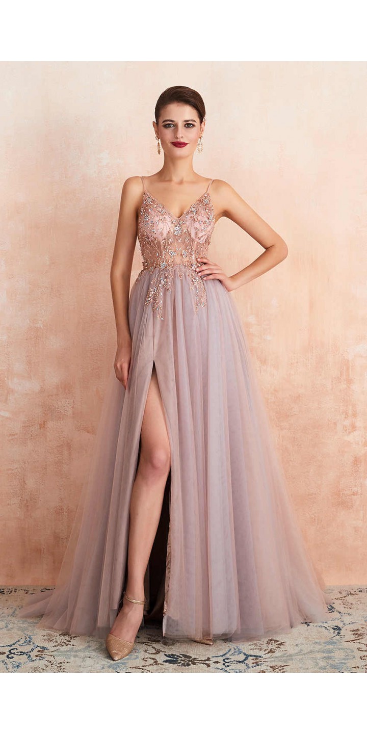 See Through Long Slit Prom Gown