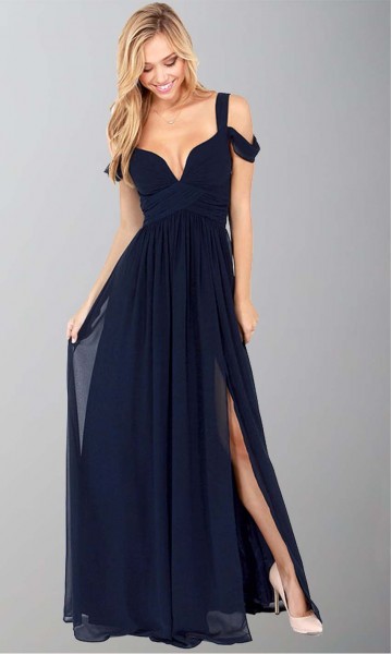 Dark Blue Off Shoulder Slit Sexy Maxi Prom Dresses KSP246