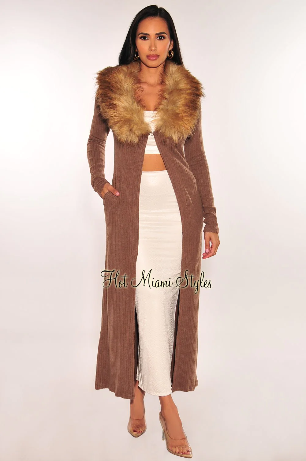 CHOCOLATE RIBBED KNIT FAUX FUR COLLAR LONG SLEEVES DUSTER COAT