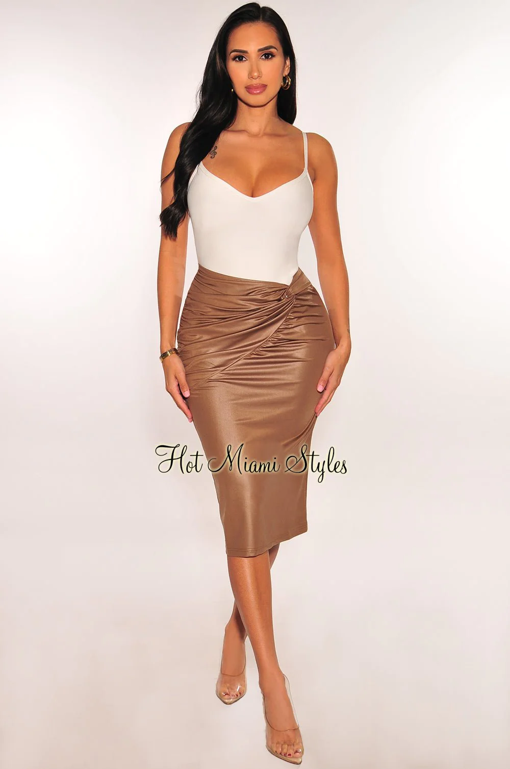 MOCHA FAUX LEATHER KNOTTED RUCHED SKIRT