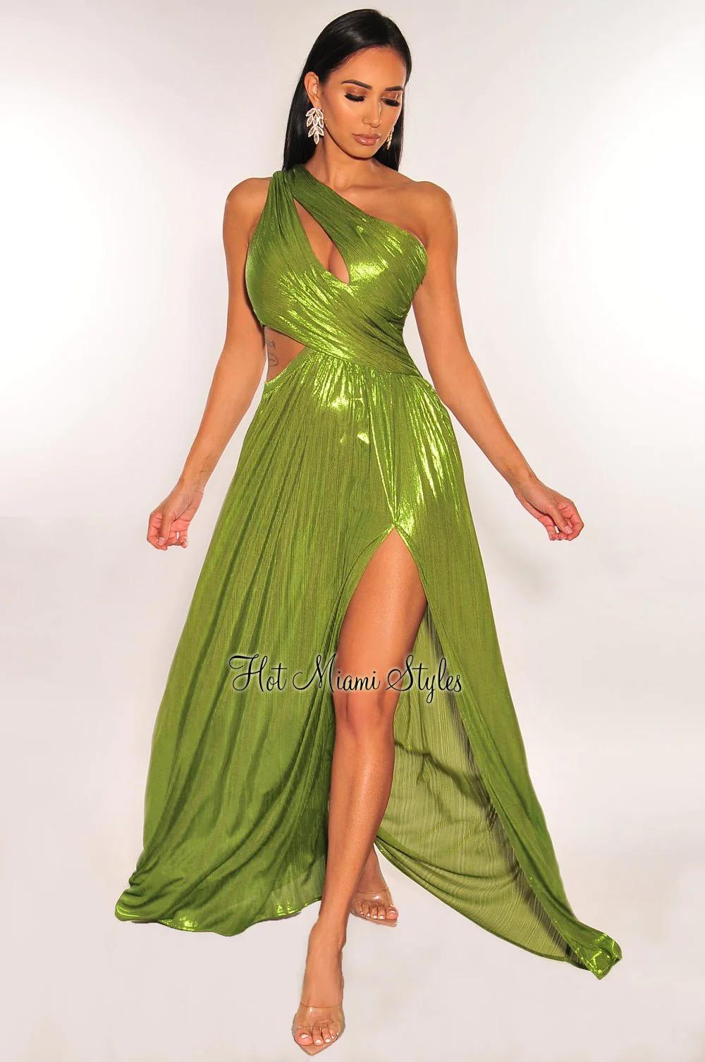 GREEN METALLIC ONE SHOULDER PLEATED CUT OUT SLIT DRESS