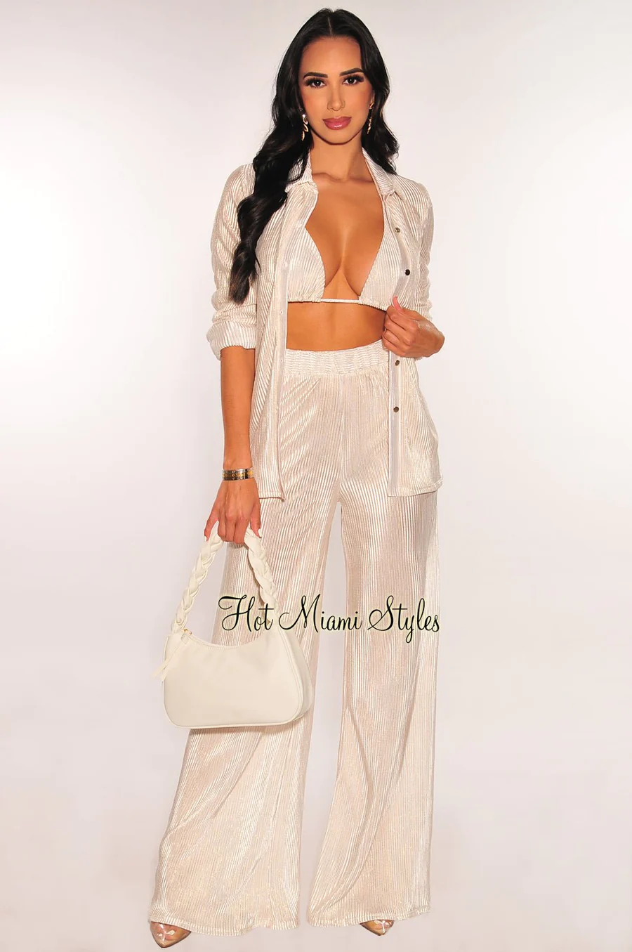 CHAMPAGNE SHIMMERY RIBBED HALTER TRIANGLE CUT TOP HIGH WAIST WIDE LEG PANTS LONG SLEEVES BUTTON DOWN THREE PIECE SET