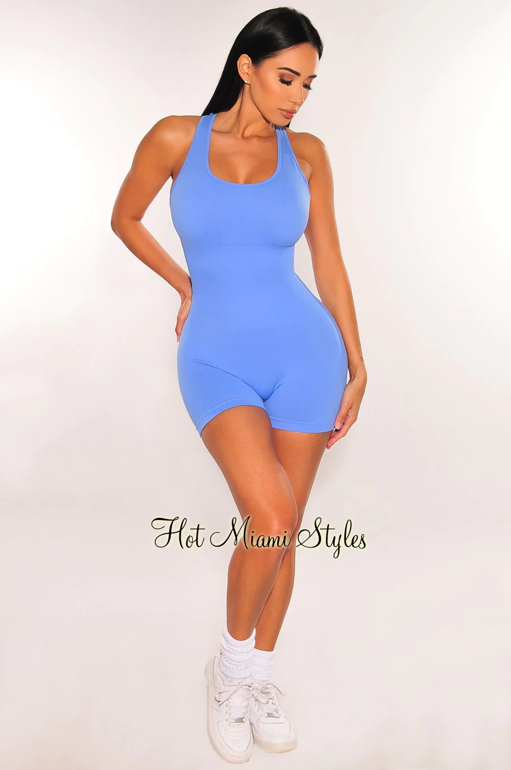 HMS FIT: PERIWINKLE SLEEVELESS ROUND NECK SNATCHED ROMPER