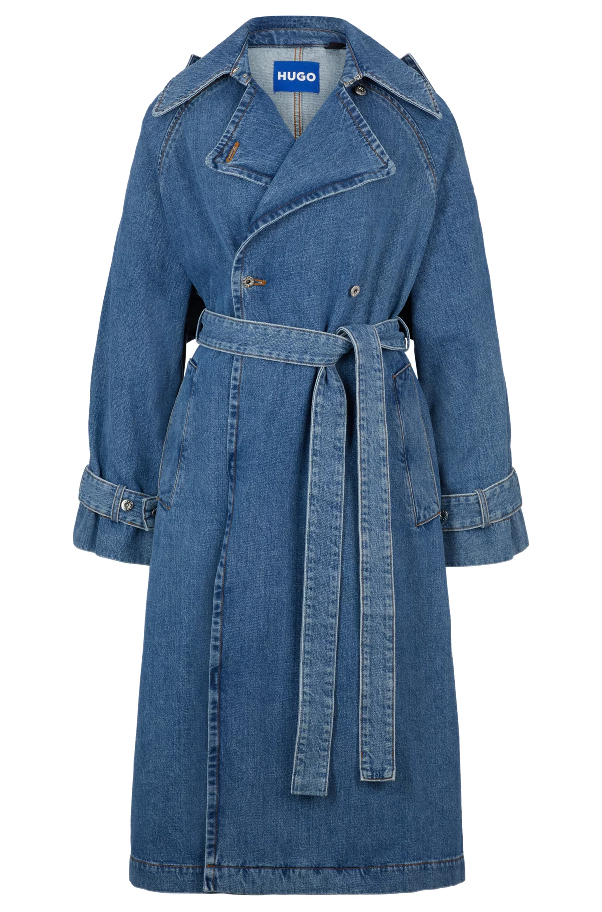 TRENCH COAT IN BLUE DENIM WITH BRANDED TRIMS