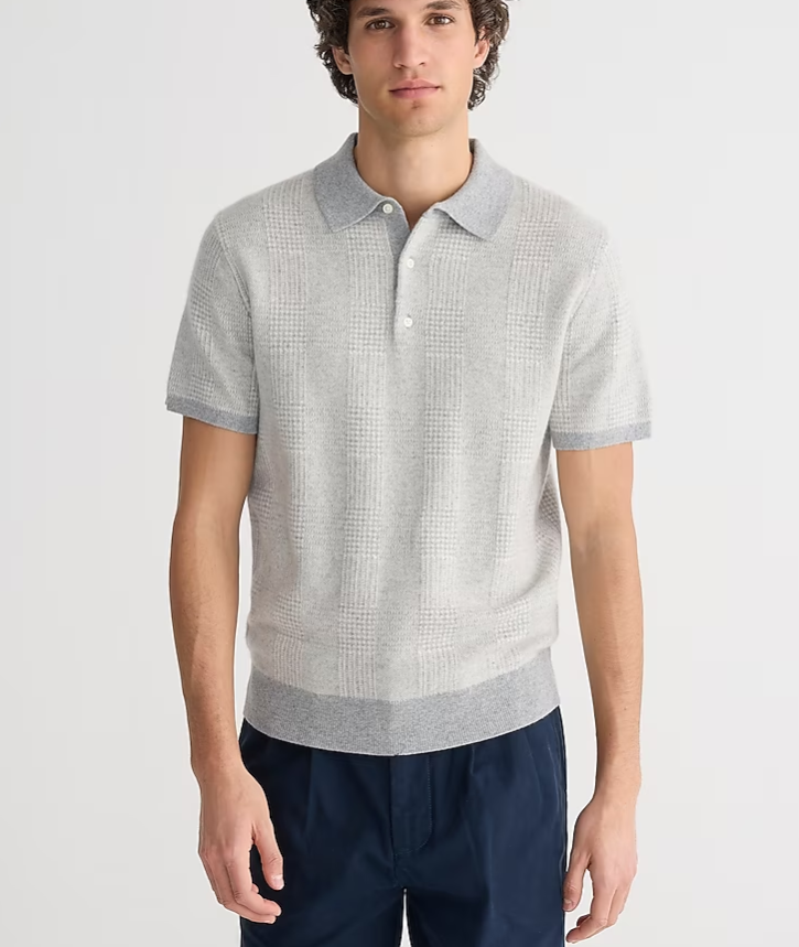 Short-sleeve cashmere sweater-polo in glen plaid