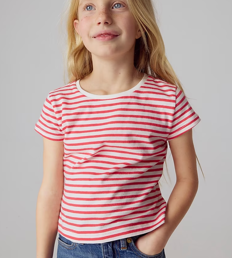 Girls' shrunken T-shirt in striped vintage jersey