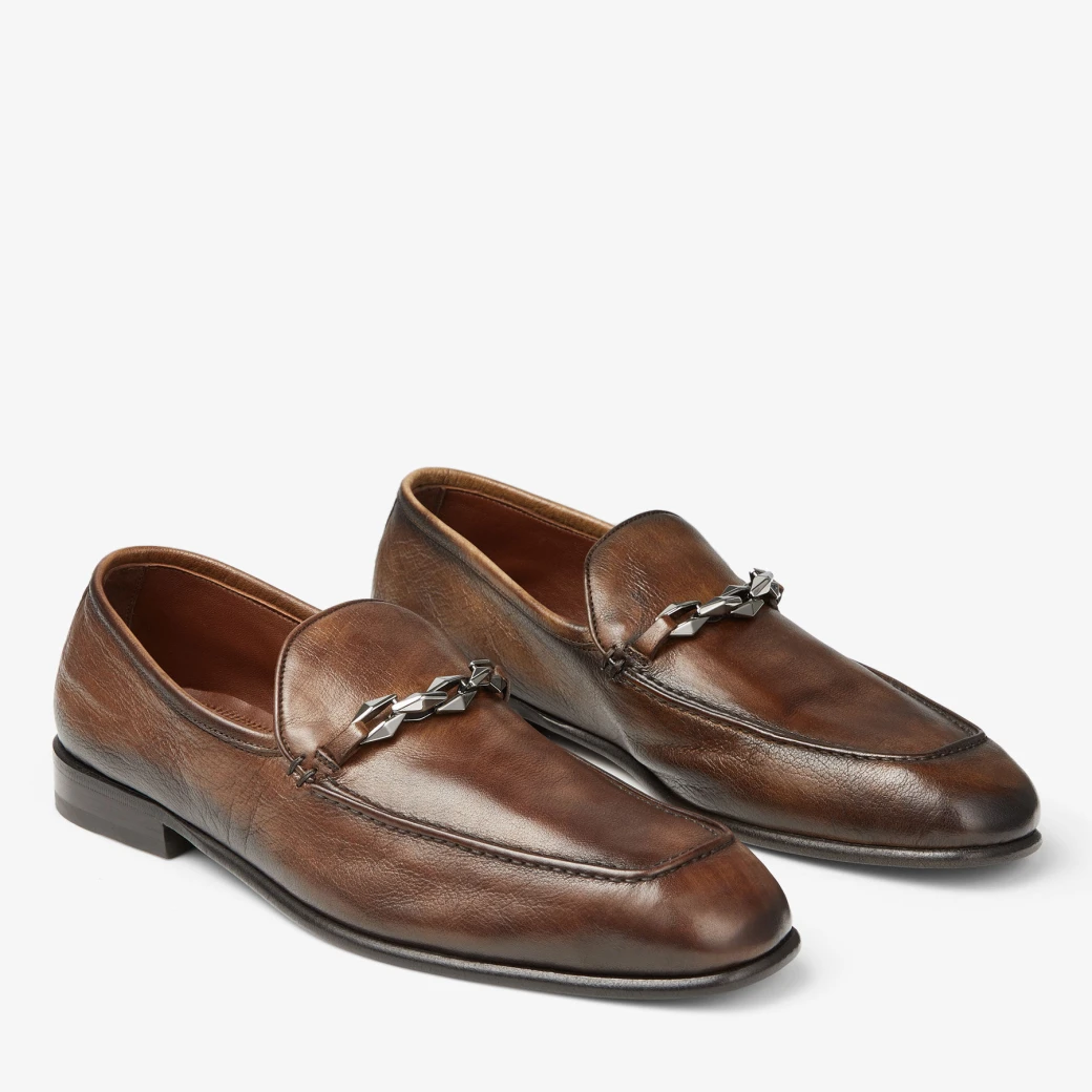 Marti Reverse Dark Tan Buffalo Leather Loafers with Chain Embellishment