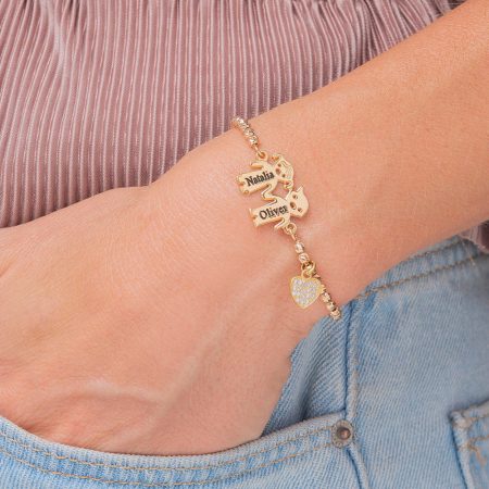 Engraved Children Bead Bracelet With Inlay Heart In 18K Gold Plating