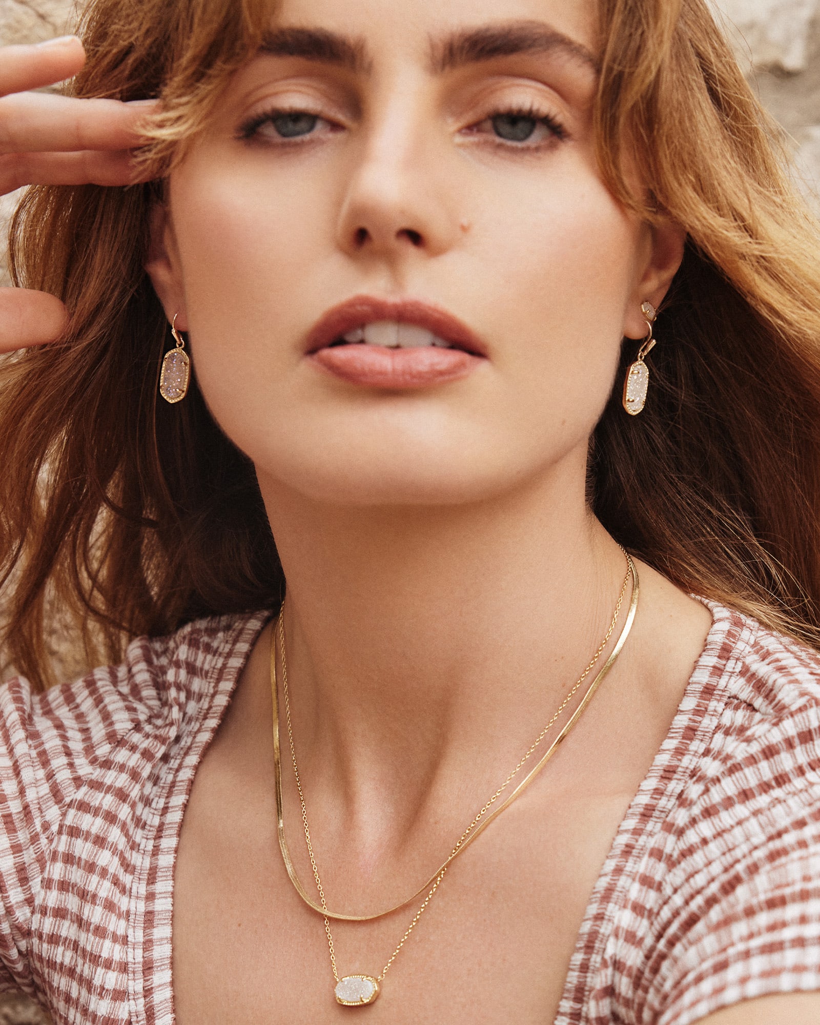 Elisa Herringbone Gold Multi Strand Necklace in Iridescent Drusy