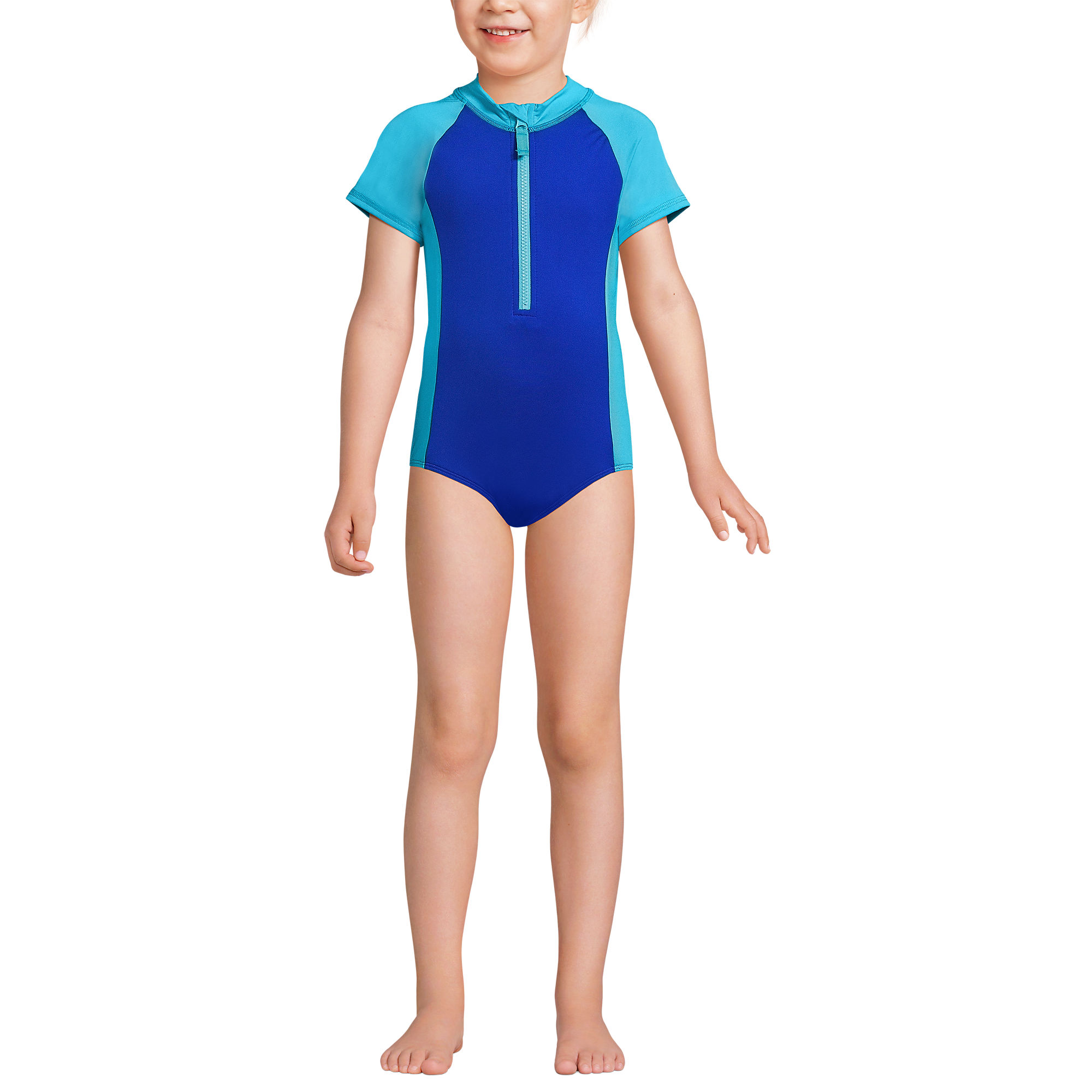 Girls Chlorine Resistant Short Sleeve One Piece Half Zip Swimsuit