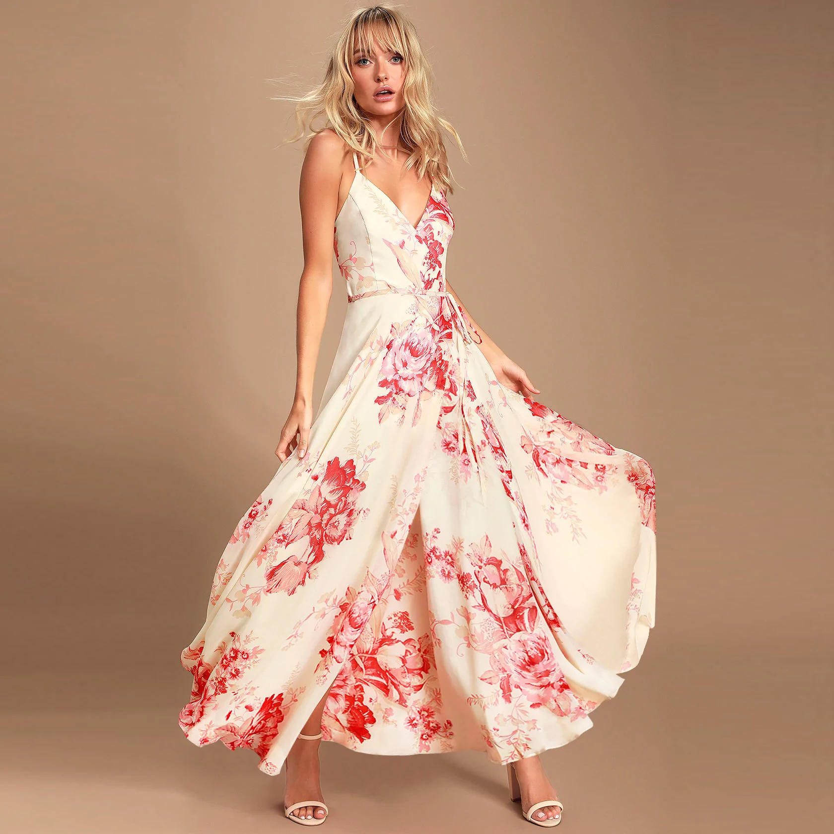 Fashionable Sundress New Floral Strap Dress Lace-Up Split Bridesmaid Dress