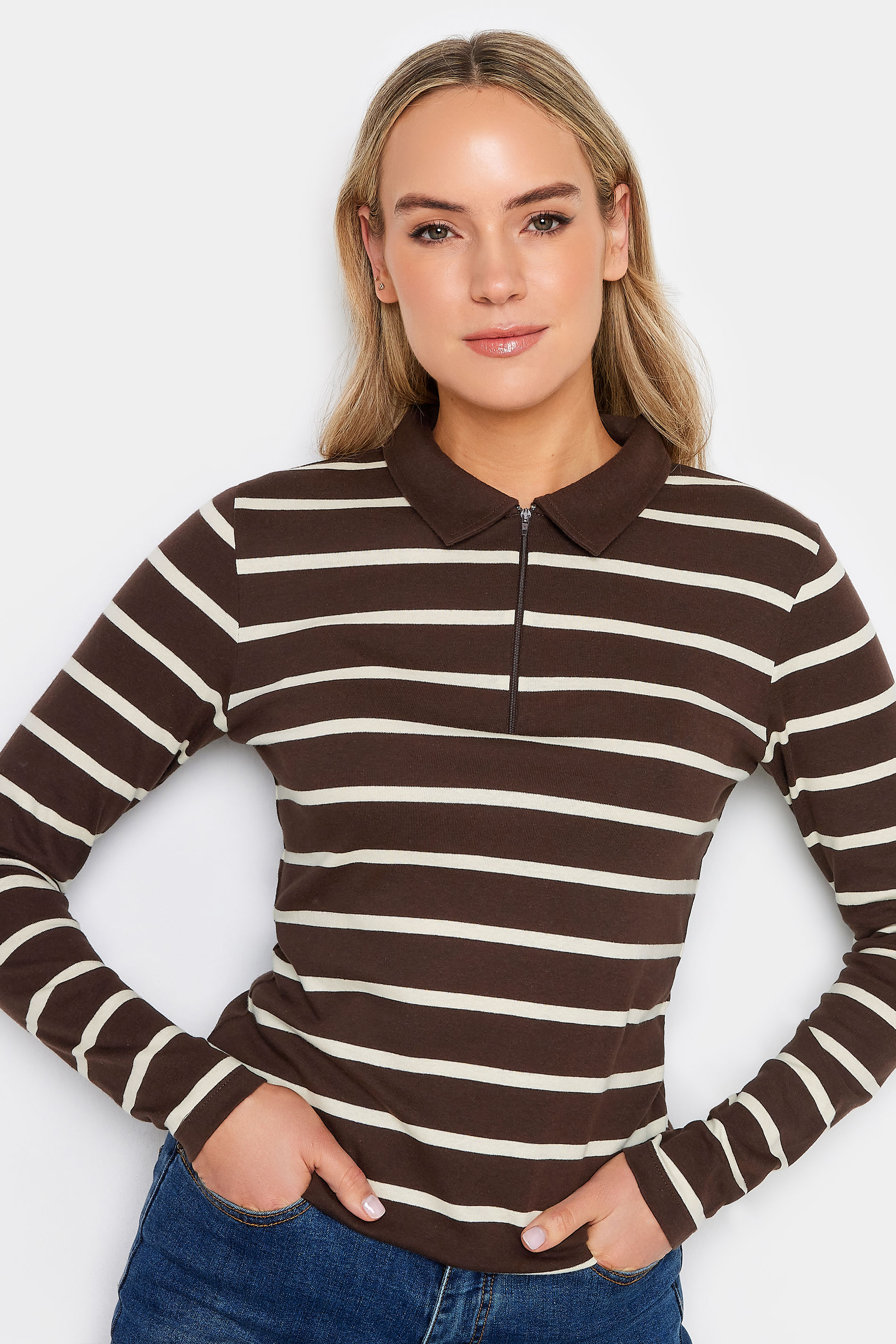 LTS Tall Brown Stripe Print Polo Collar Top