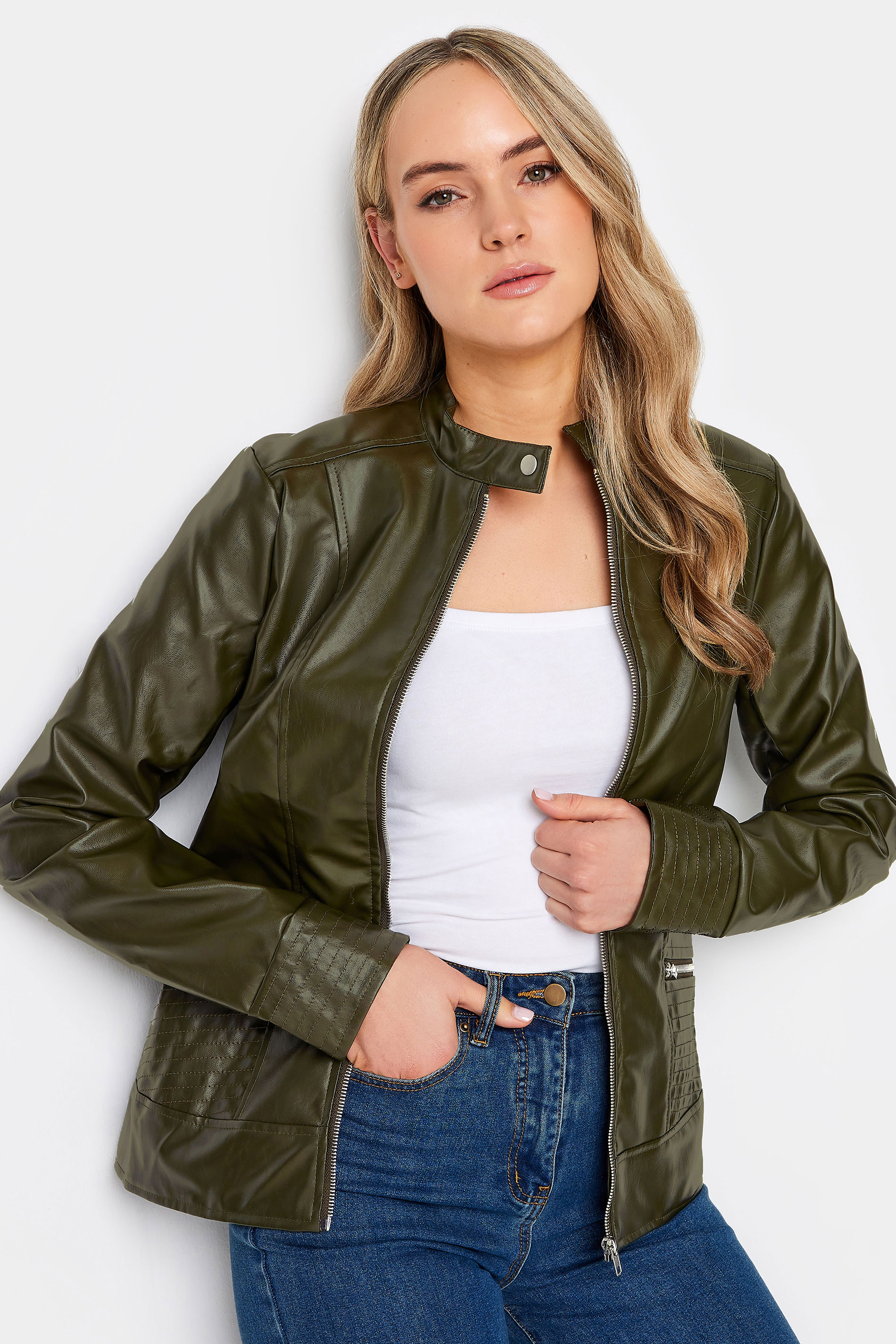 LTS Tall Khaki Green Faux Leather Funnel Neck Jacket