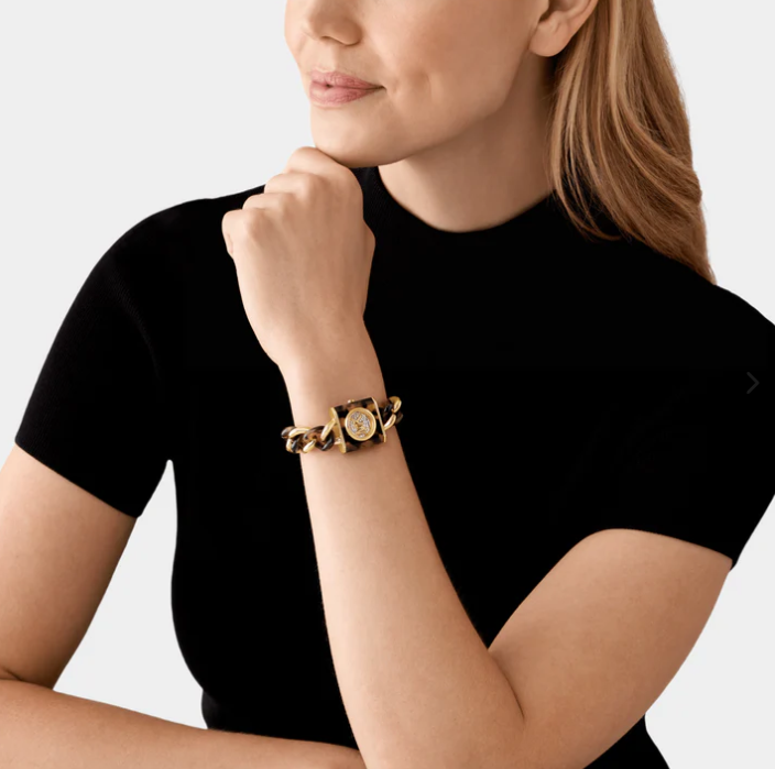 Michael Kors Mk Chain Lock Three-Hand Tortoise And Gold-Tone Stainless Steel Watch