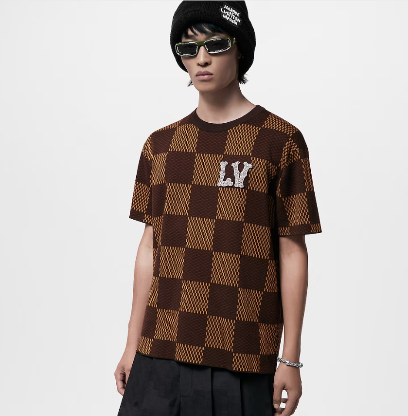 Short-Sleeved Cotton Damier Crewneck With Crystal LV Patch