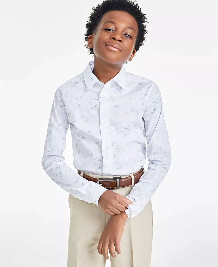CALVIN KLEIN Big Boys Slim-Fit Long-Sleeve Stretch Floral-Print Shirt