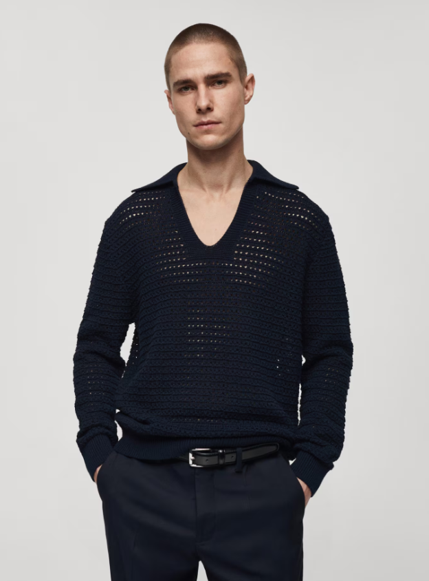 Openwork knit polo neck sweater