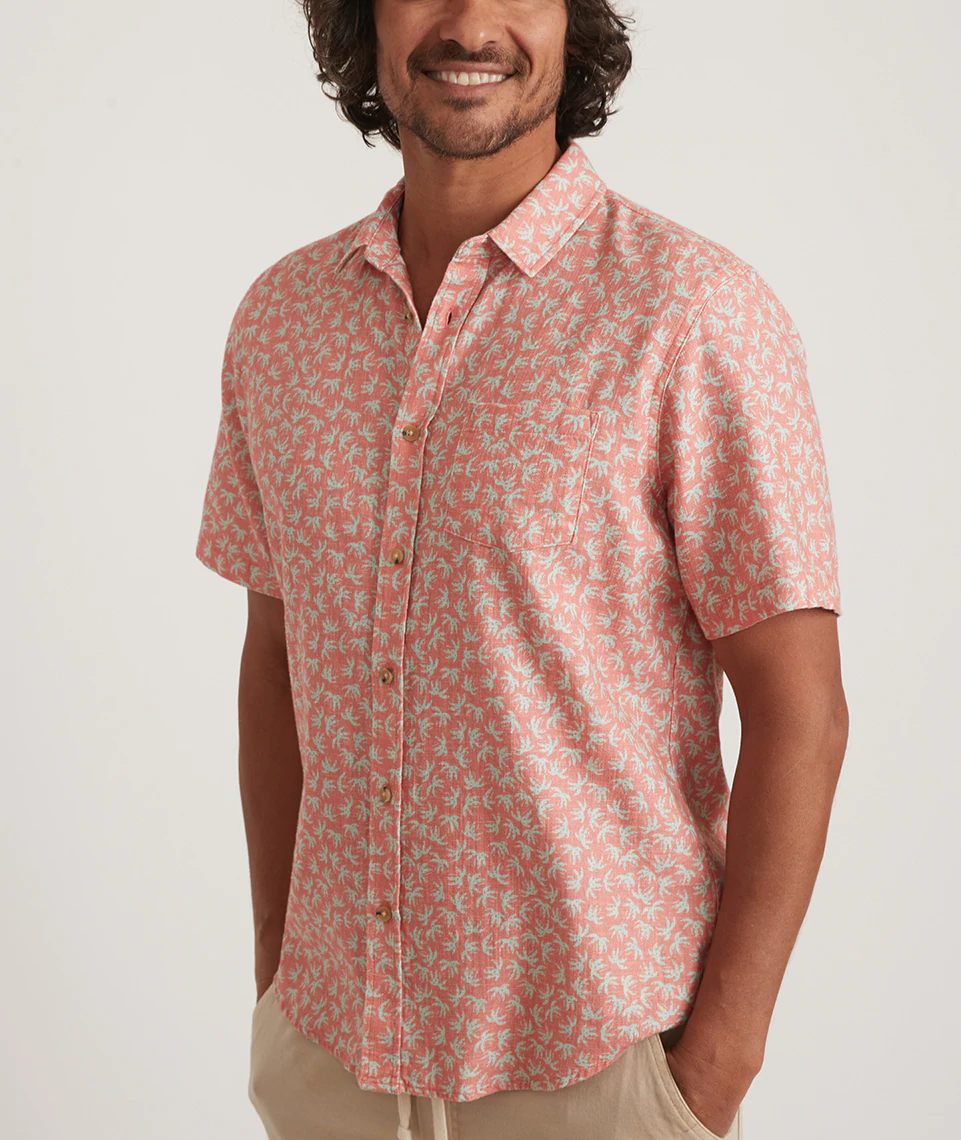 Short Sleeve Selvage Cotton Shirt in Pink/Blue Palm Print