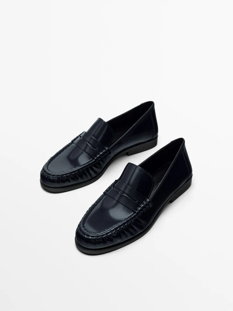 BLUE GATHERED PENNY STRAP LOAFERS