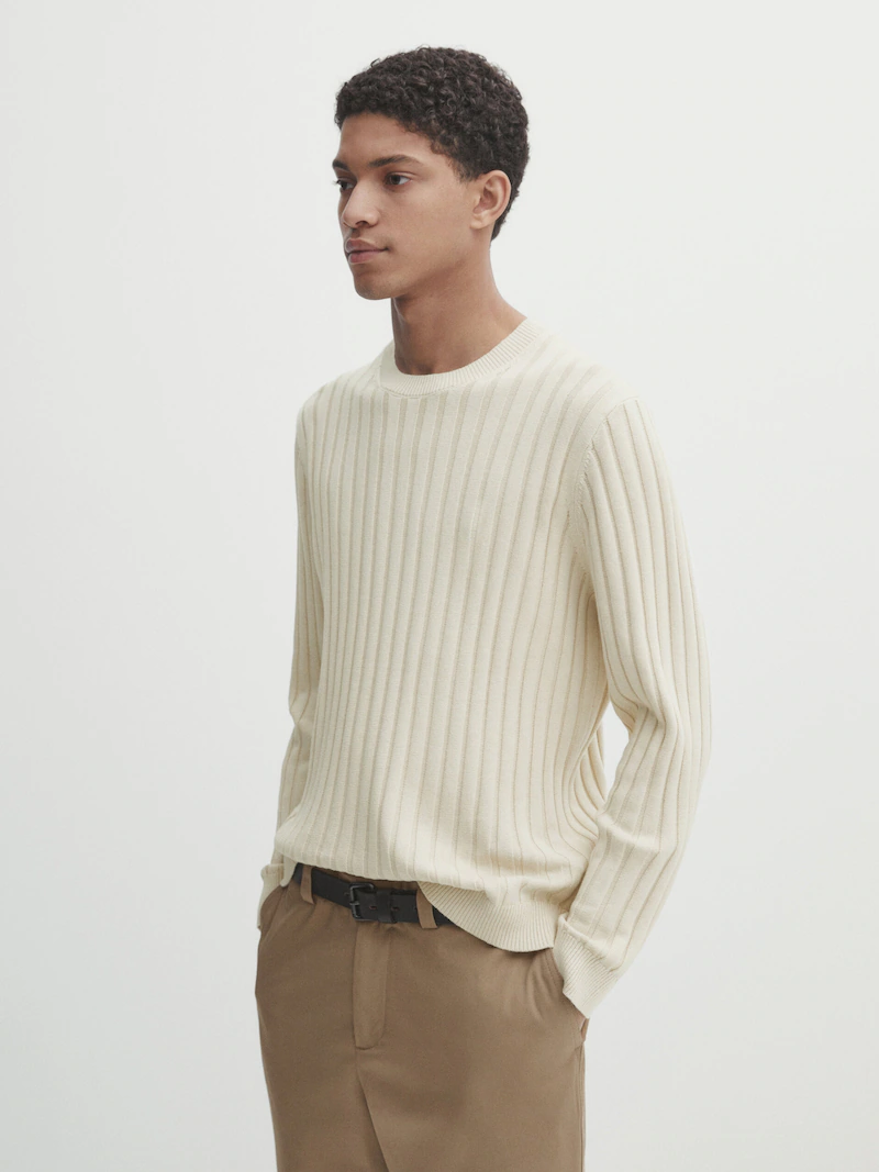 RIBBED COTTON BLEND KNIT SWEATER